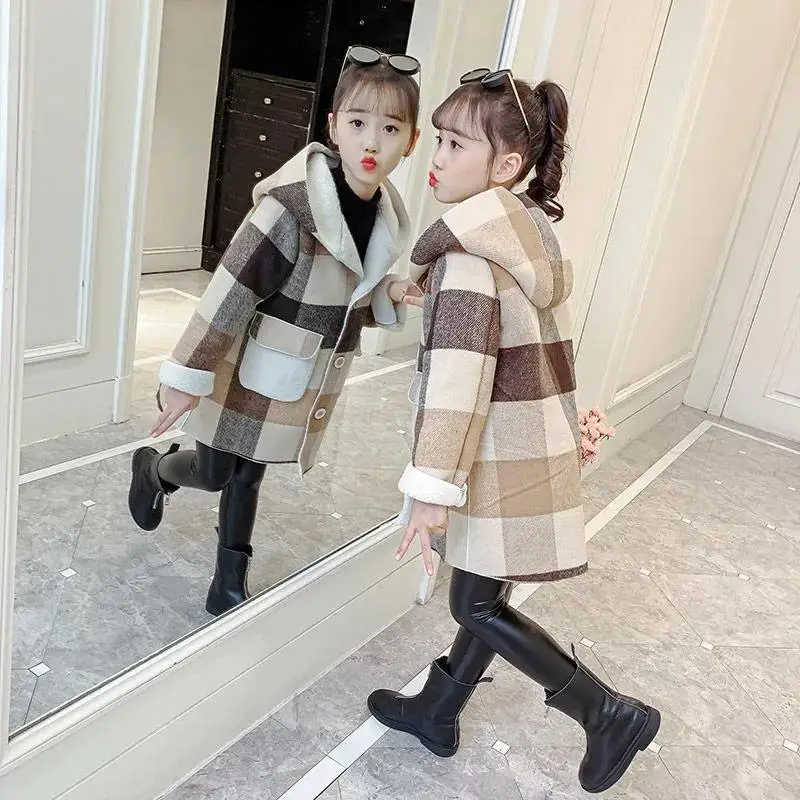 Fashion Girls clothing Jackets Autumn Winter parka Clothes Medium Long coat windbreaker Plaid Thicken Lamb Children Woolen Coats