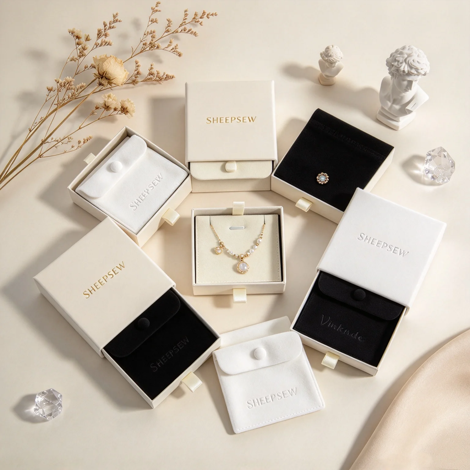 SHEEPSEW Ring Earrings Studs Gift Packaging Set Custom Logo 9x9x2.5cm Beige Drawer Jewelry Box 8x8cm Microfiber Snap Button Pouc
