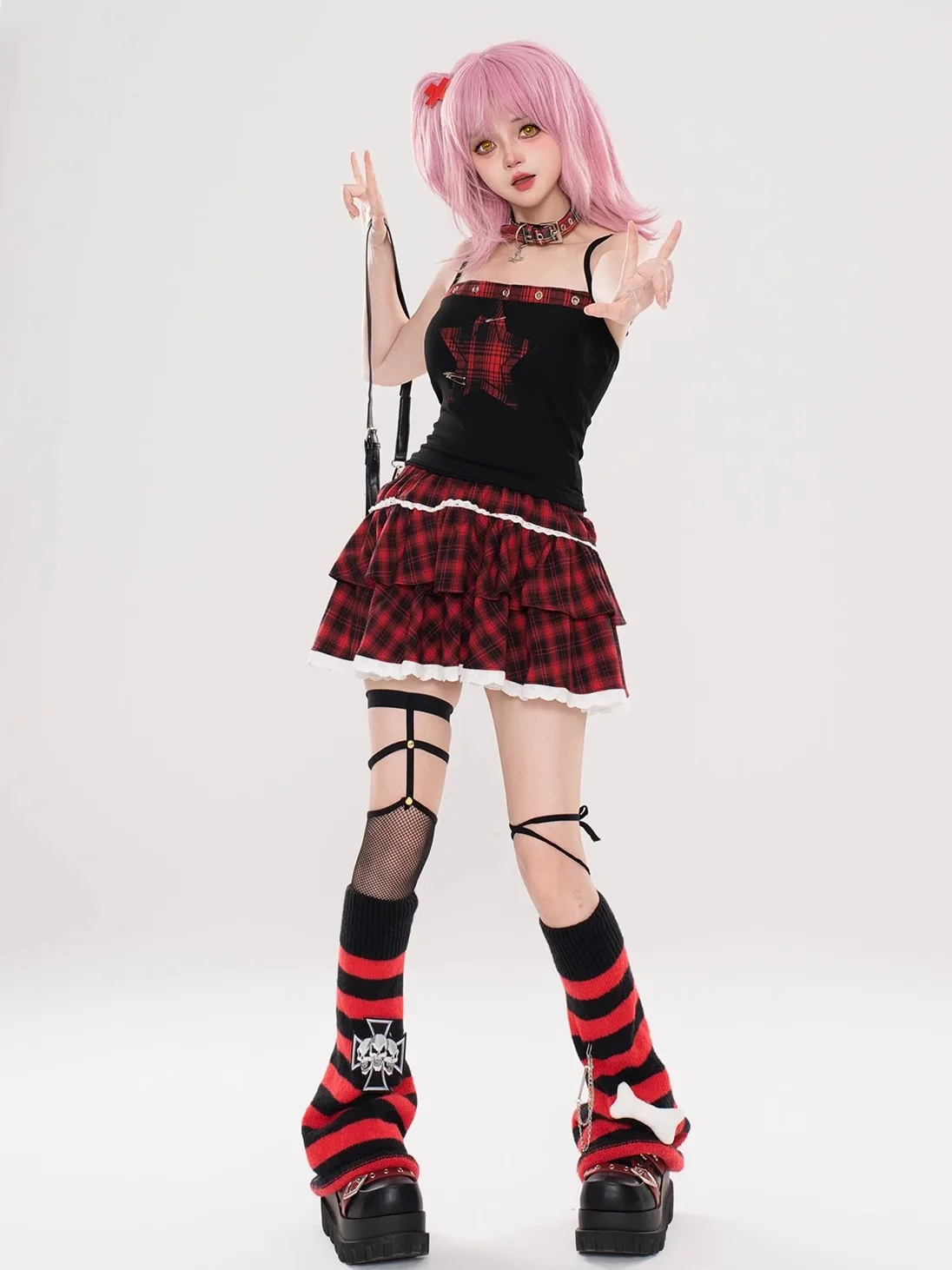Japanse subcultuur high street punk stijl zoet cool meisje Y2K rokken elastische hoge taille kant splitsen rode geruite taart rok vrouw