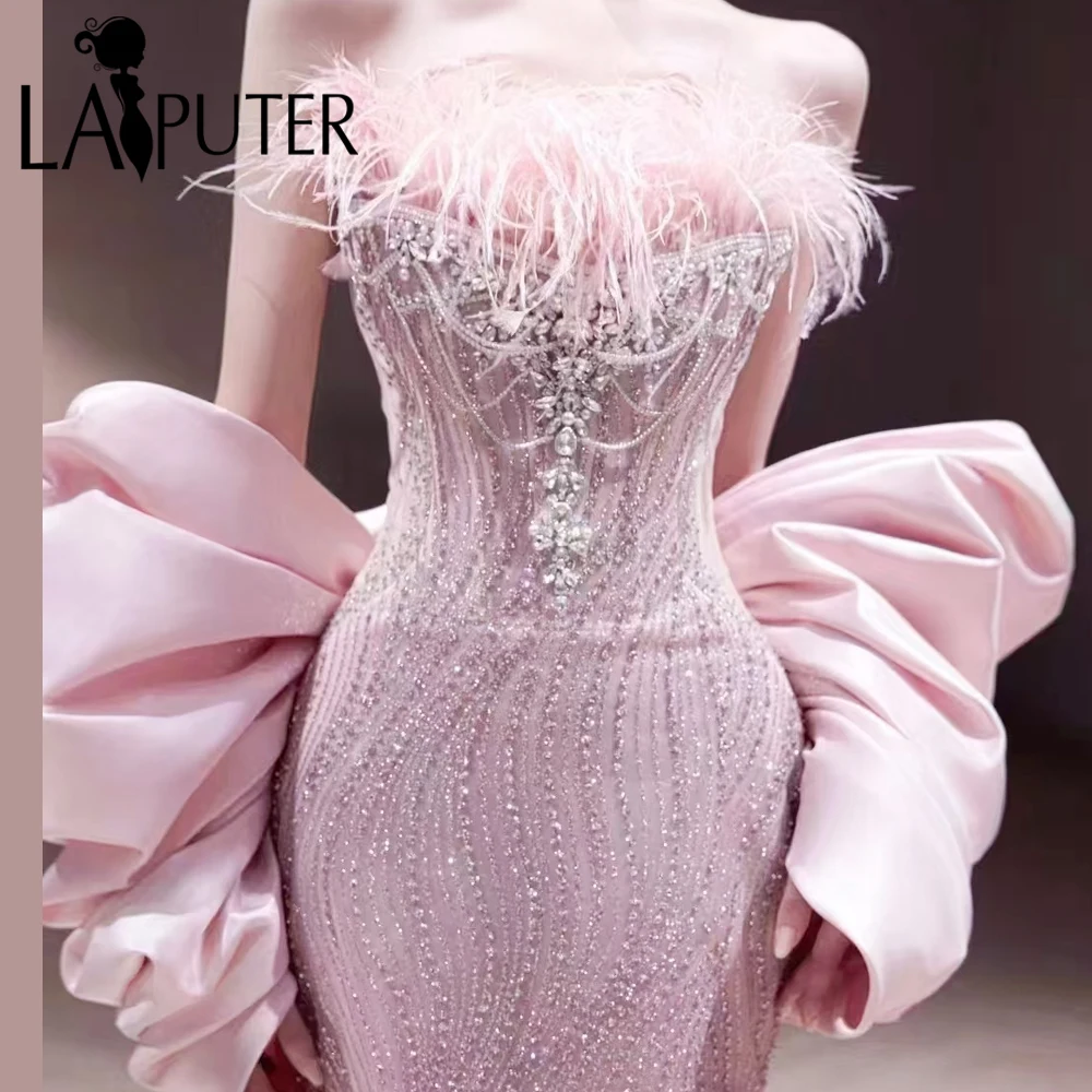 

Ostrich Hair Pink Sequin Mermaid Evening Dresses Off Shoulder Crystal Bodice Luxury Party Dress Hollow Out Waist Pink Prom Gown
