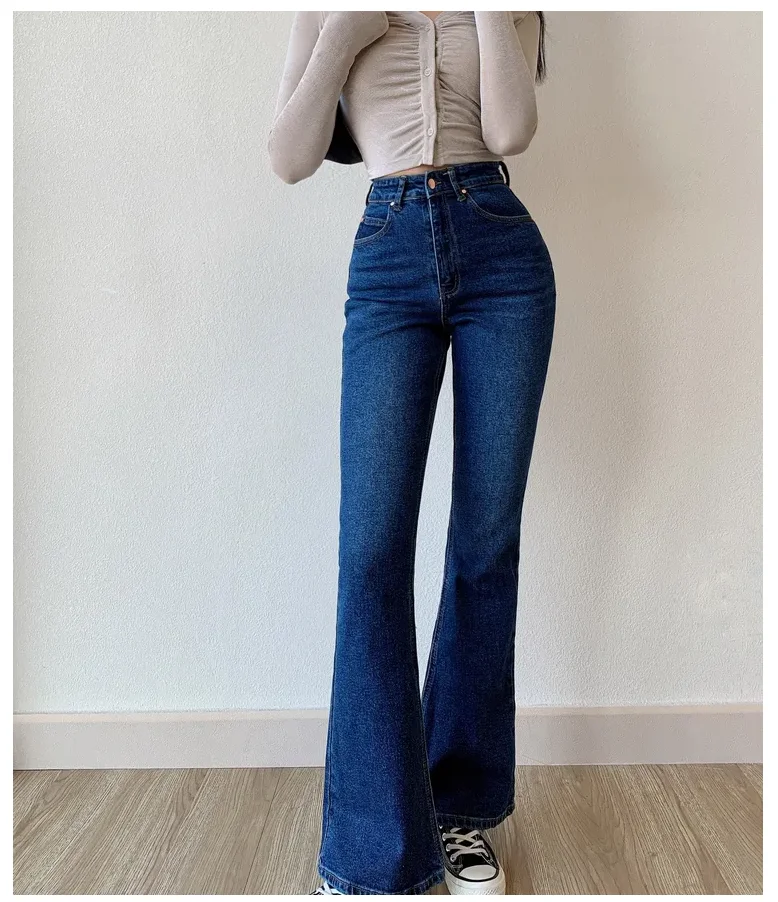 Skinny Bell Bottom Jeans Hoge Taille Stretch Straight Slim Fit Uitlopende Denim Broek