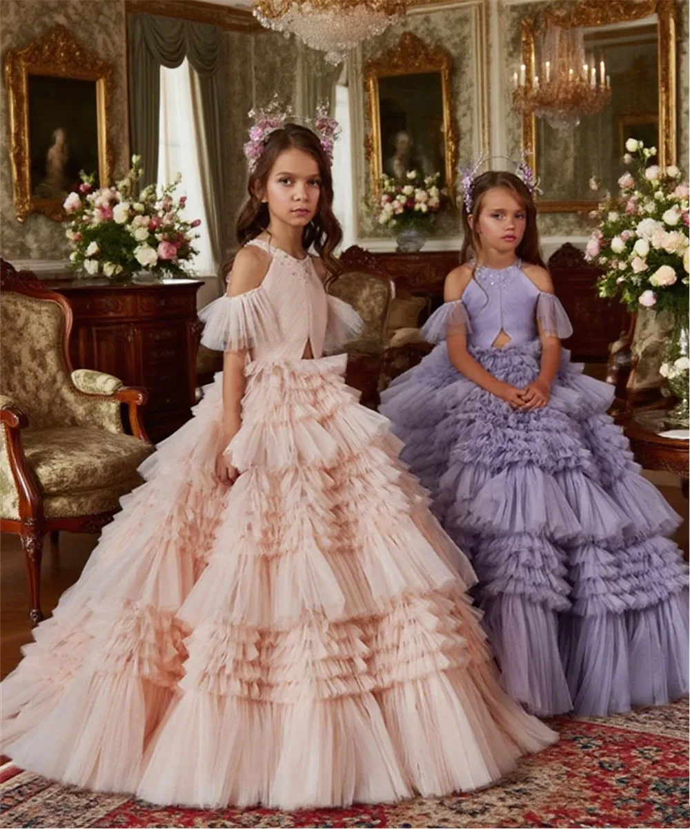 

Layered Flower Girl Dress For Wedding Fluffy Beading Hlater Neck Floor Length Child Birthday Party Dress First Communion Gown