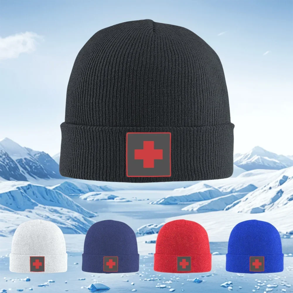 2026 Red cross square frame medical symbol Men Women Unisex Knitted Hat Beanie Pullover Cap Winter Thermal Warm Christmas Outdoo