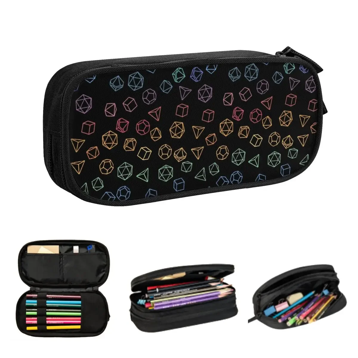 DnD Dice Rainbow On Black Pattern Pencil Cases Large Capacity Pen Bags Pen Box Pencil Pouch For Boys Girls Students Stationery