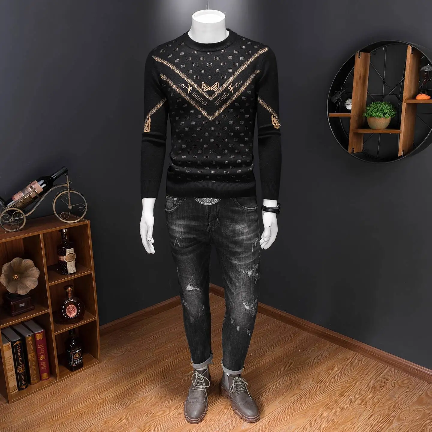 Vintage Fashion Sweater Men Winter Men's Jacquard Sweater Wool Blend Sweater Round-neck Knitted Shirt Club Outfits Base Shirt