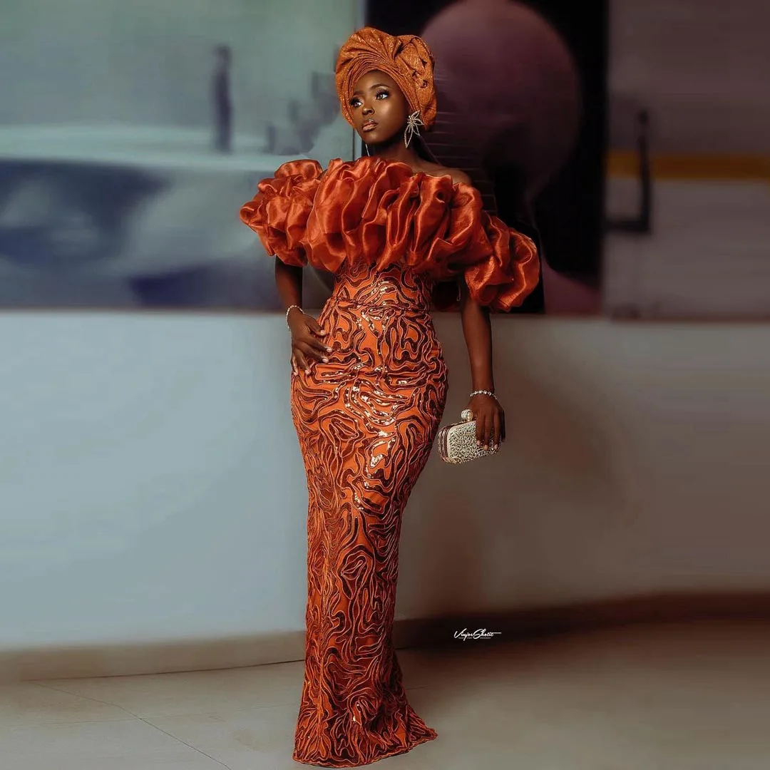 

High End Orange Aso Ebi Mermaid Prom Dresses African Sequin Evening Gowns Off The Shoulder robe de soirée de mar iage abiye 2024