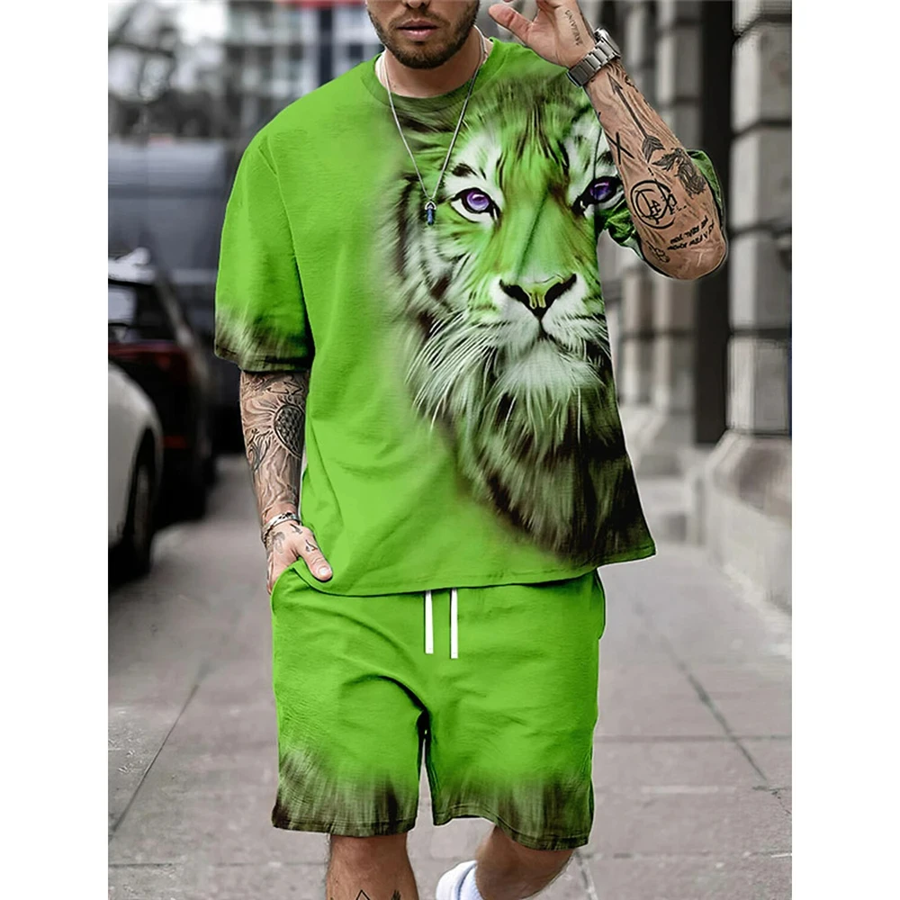 Summer Tiger Graphic Men\'s T Shirts+Shorts 2PCS Outfits Casual Street Shorts Sets 3D Print Male Clothes O-Neck Sportswear Suits