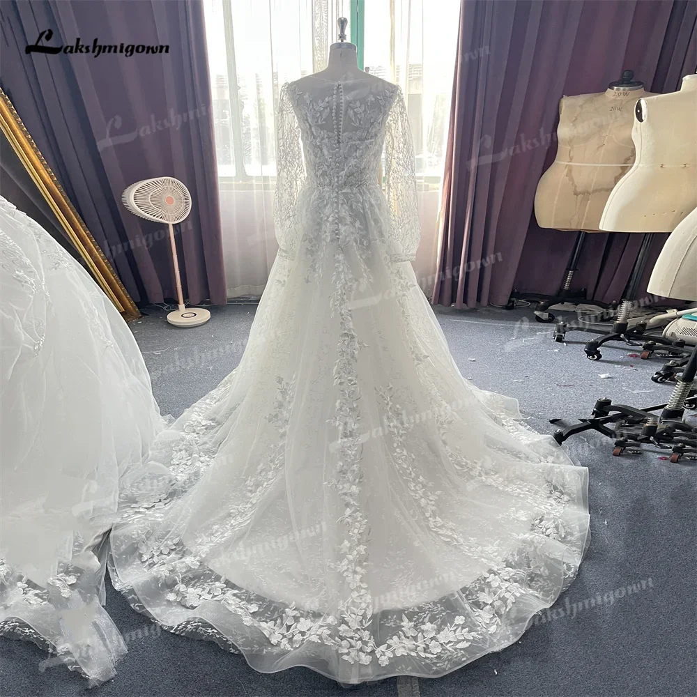 Lakshmigown Real Photo Luxury Lace Applique A Line Wedding Dress Boat Neck Full Sleeves Pretty Button Bridal Gowns 웨딩드레스