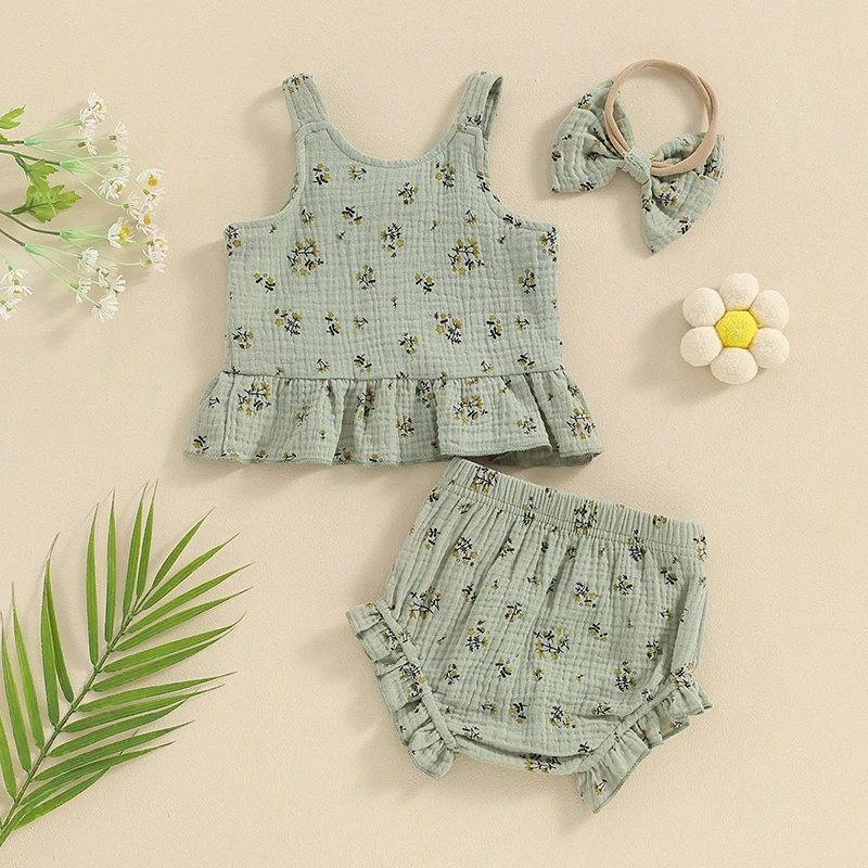 Baby Girl Summer Set Round Neck Floral Print Tank Tops Elastic Waist Frill Trim Shorts Headband Toddler 3 Piece Outfits