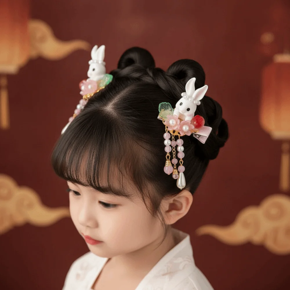 1 Pair Long Ribbon Hanfu Hair Clip Flowing Tassel Handmade Flower Rabbit Tassel Hairpin Lightweight Comfort Metal Duckbill Clip