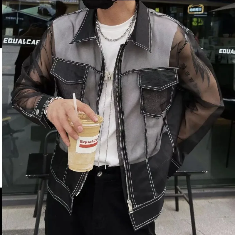 

Sunscreen Jacket for Men Summer High-quality Bright Thread Jacket Trendy Cool Semi Transparent Thin Lapel Coats Streetwear Party
