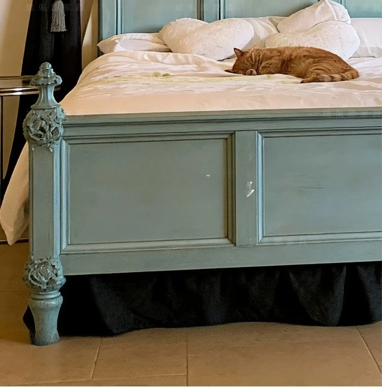 French retro solid wood blue double bed antique old Paris master bedroom 1.8 meters wedding bed