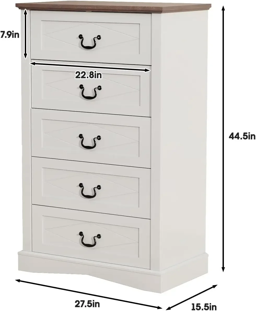 Bedroom with 5 Drawers, Farmhouse White Dresser for Closet, 45 Inch Tall Dresser, Chest of Drawers with Deep Drawers for Living