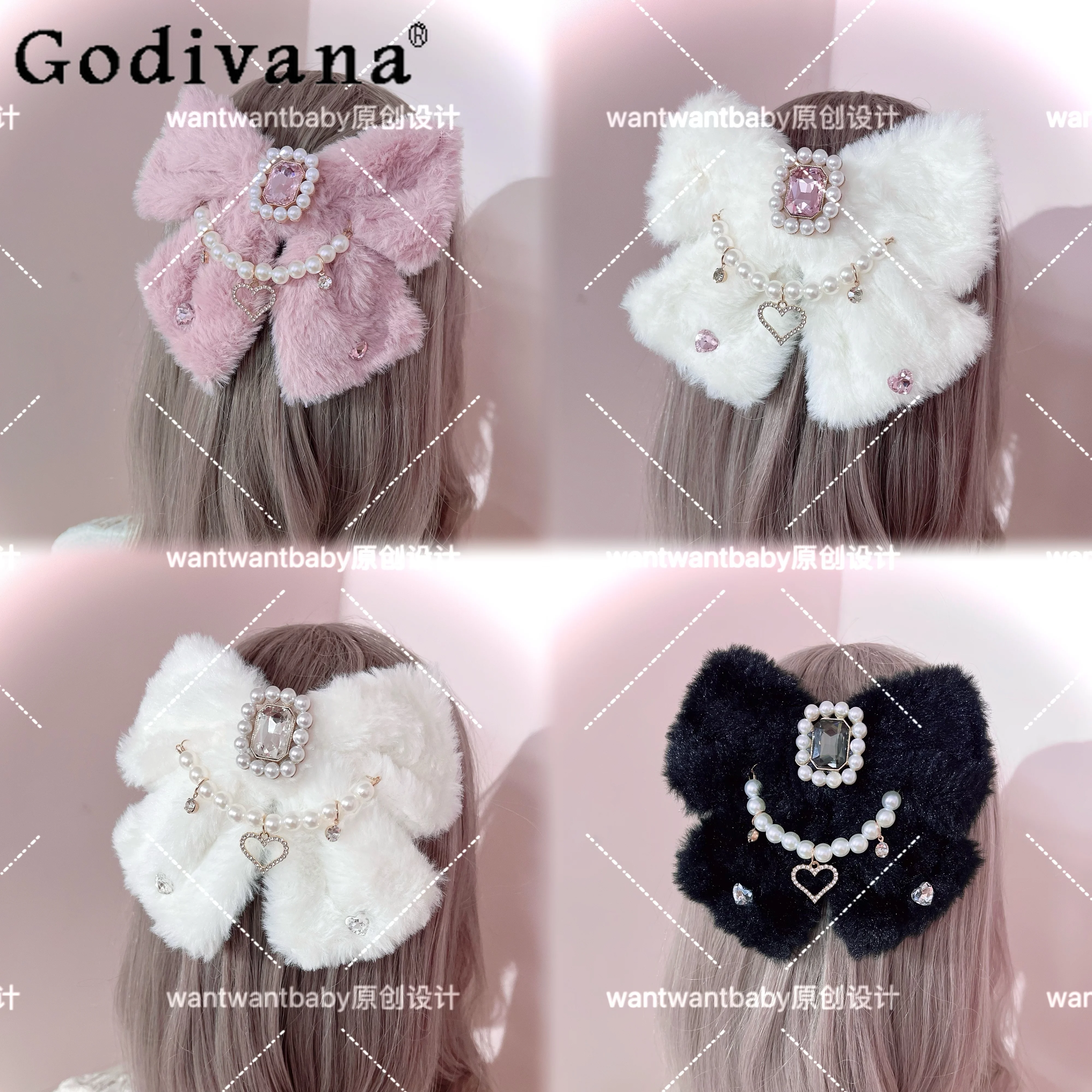 

Japanese Mine Mass-Produced Sweet Girls Princess Lolita Big Bow Hair Clip Women Cute Pearl Rhinestone Plush Hairpin New Headwear