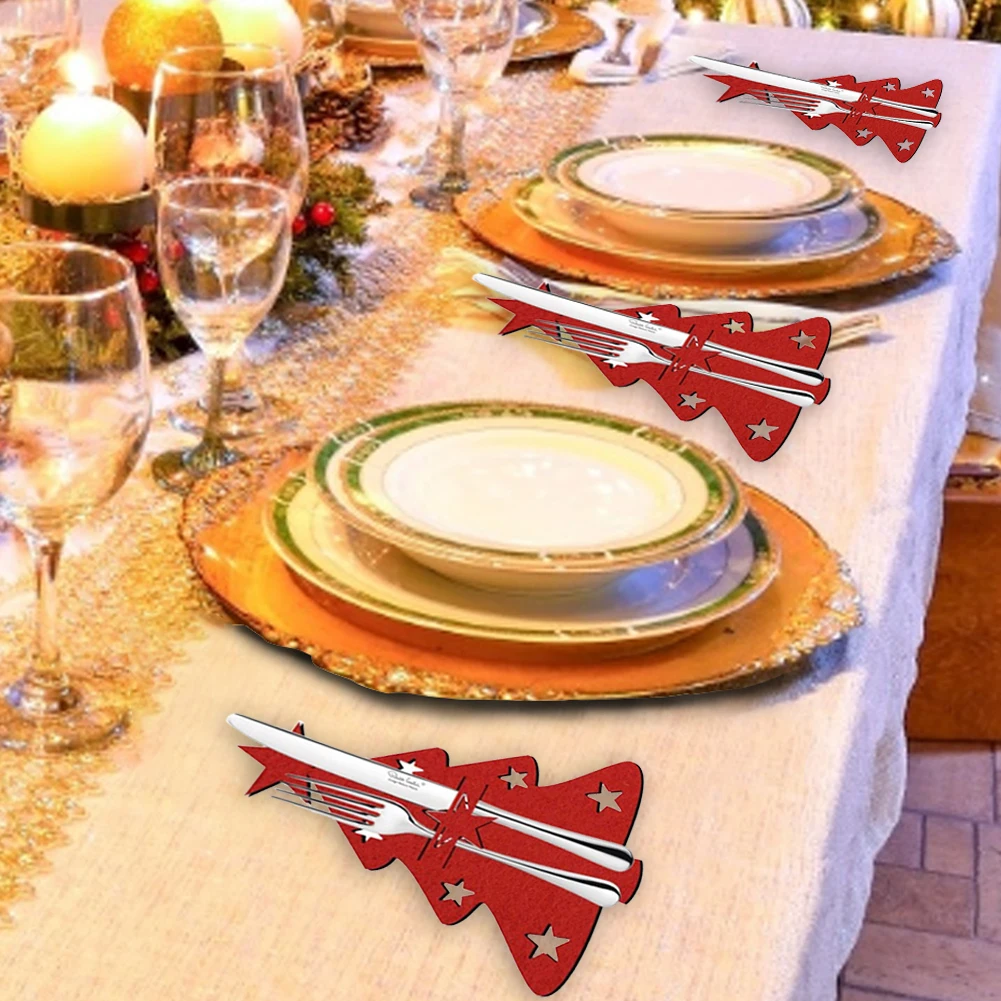 Soportes de cubiertos para árbol de Navidad, soporte de cubiertos no tejido para fiesta de Navidad, mesa de 4 piezas