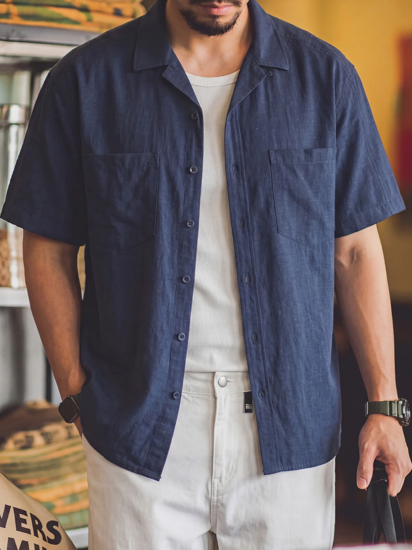 

Linen Blend Short Sleeve Shirt Men's Summer Breathable Cool Feeling American Retro Commute Shirt Loose Fit Casual Style