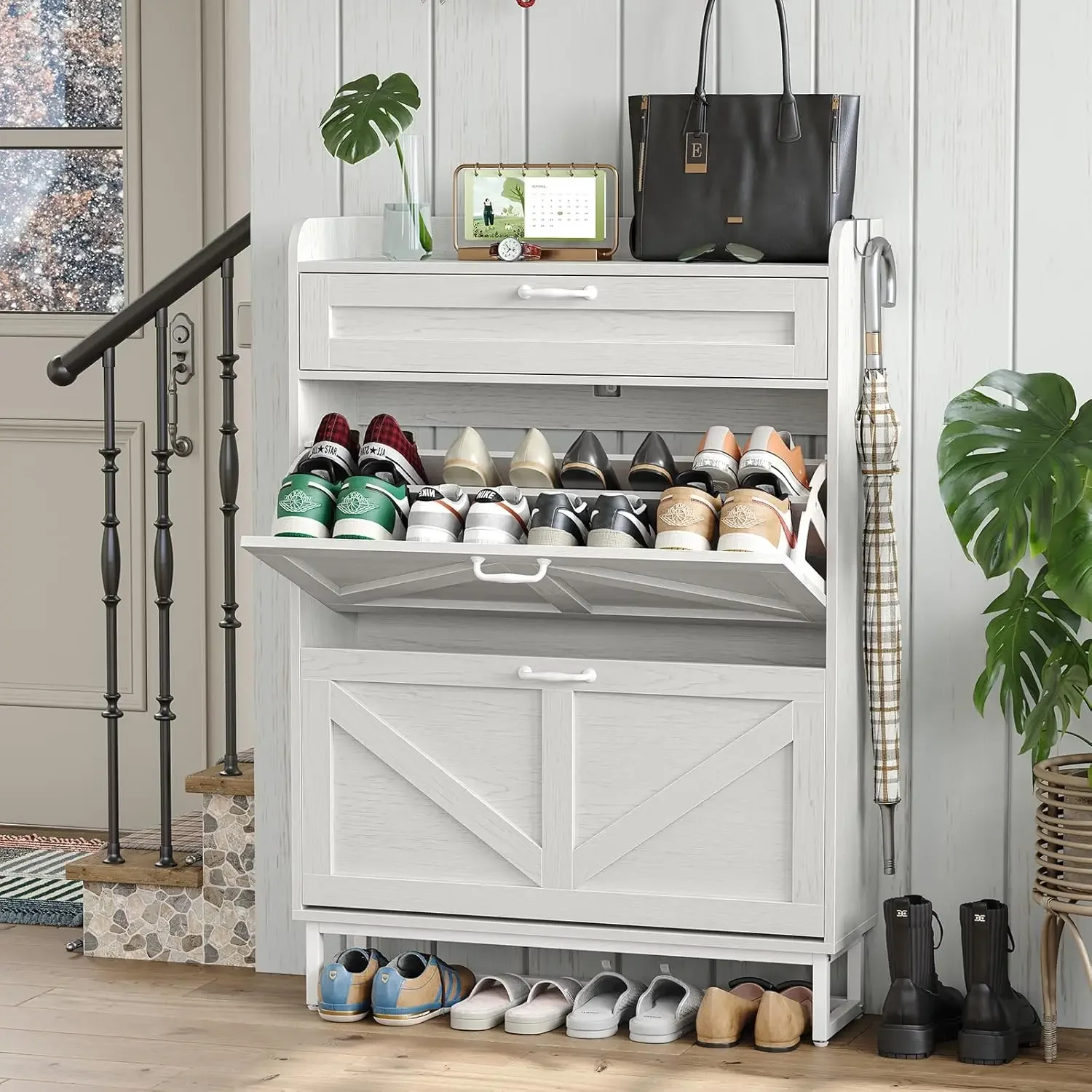 Shoe Storage Cabinet with 2 Flip Drawers & 1 Drawer, Freestanding Organizer with Metal Legs for Entryway, Slim Design, Off White