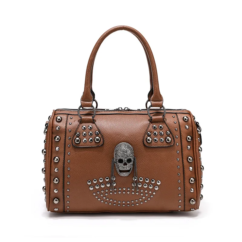 

Fashionable Skull Punk Rivet Boston Bag Women's Handbag Shoulder Crossbody Large Bag Soft Polyester Zipper Closure Dai...