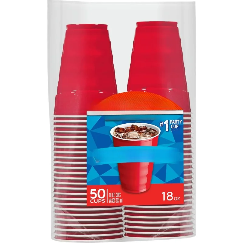 Party On Disposable Plastic Cups, Red, 18 Ounce, 50 Count