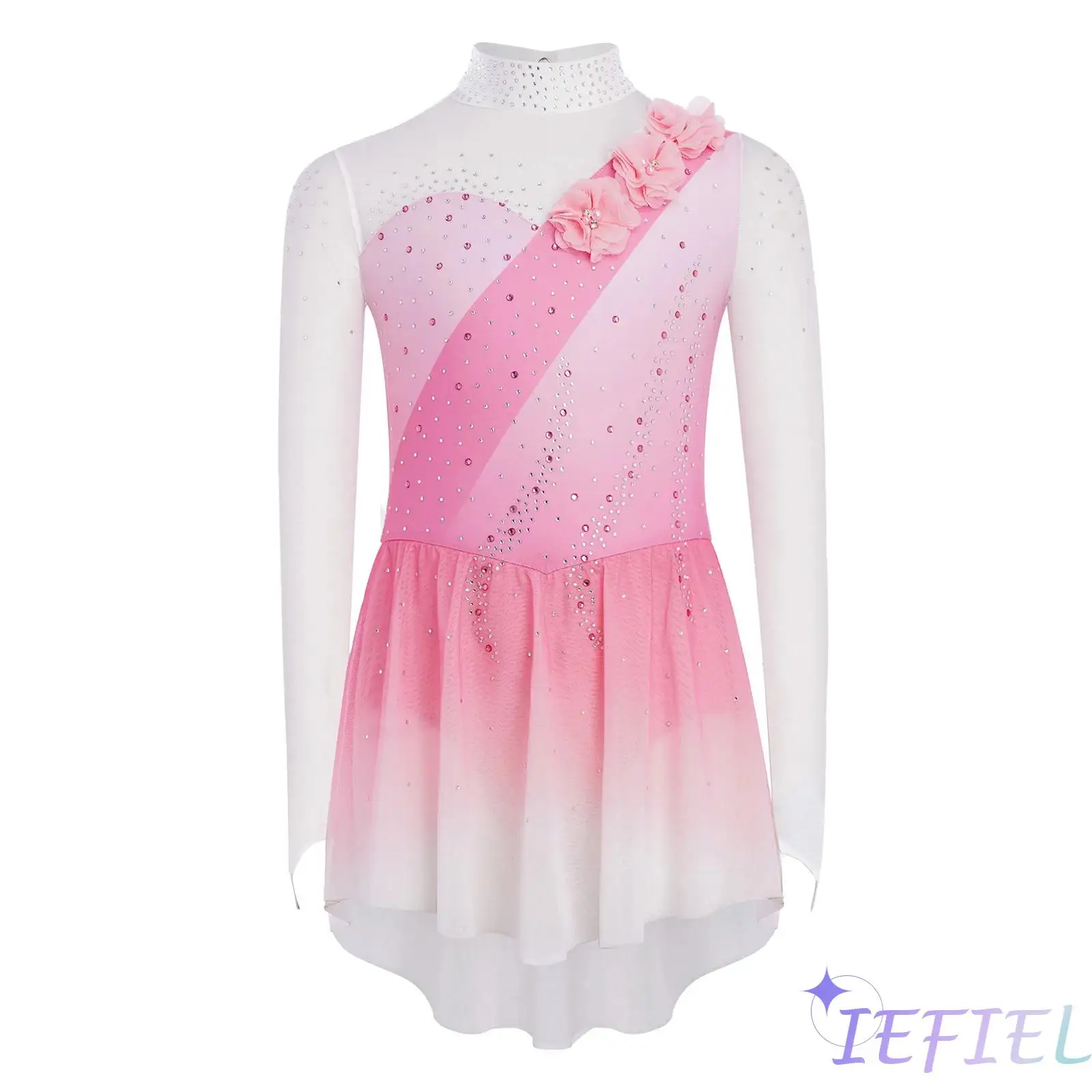 

Kids Girls Lyrical Ballerina Dance Costume Cutout Back Sheer Mesh Patchwork Long Sleeves Dress for Gymnastic Ice Skating Dance
