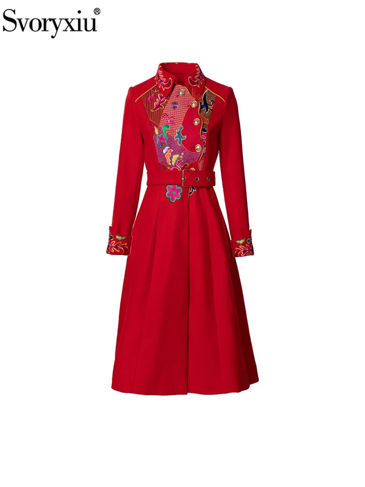 Svoryxiu Fashion Runway Winter Red Vintage Knee-Length Outerwear Women's Turn-down Collar Long Sleeve Belt Slim Embroidery Coat