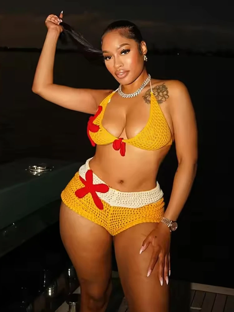 

Weird Puss Applique Y2K 2Piece Set Women Swimsuit Crochet Beach Chic Bra Tops+Lapel Shorts Vacation Midnight Club Party clubwear