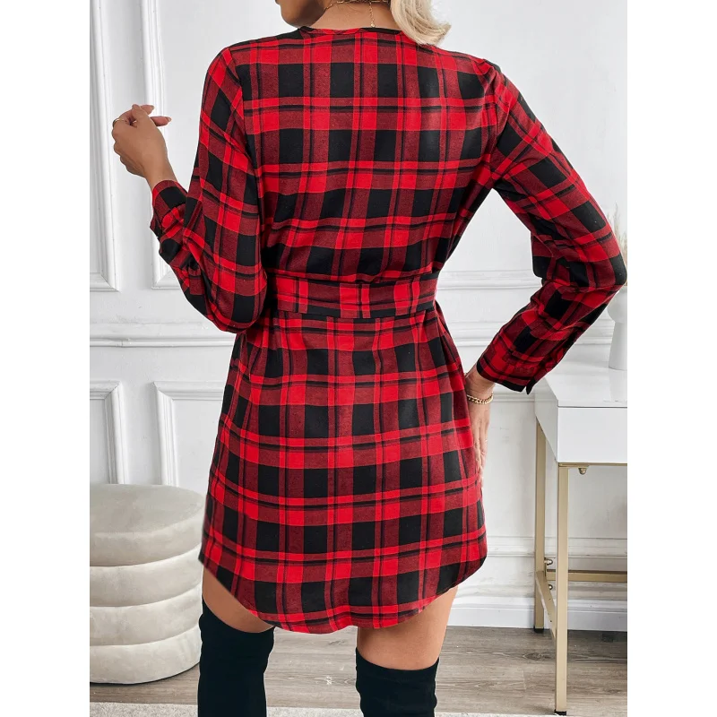 2025 Spring/Summer Collection: Elegant Checkered Long-Sleeve Dress - Versatile Wrap Style with Waist women dress