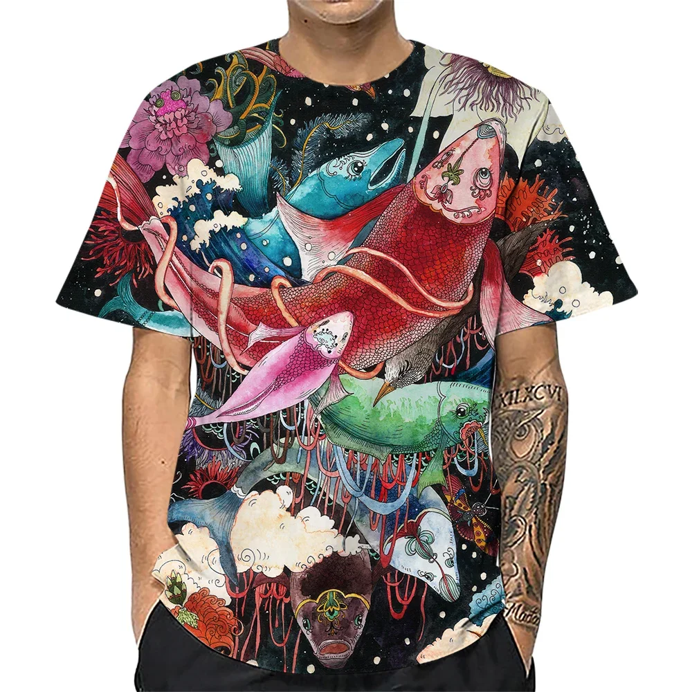 

HX Fashion Mens T-shirts Japan Art Animal Koi Flowers 3D Printed Shirts Summer Short Sleeve Tees Hip Hop Tops Dropshipping