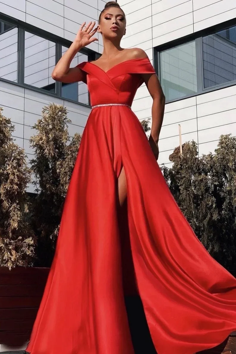 

Meetlove Red Satin Off-the-shoulder V Neck Belt Crystal Side Split Customized Floor Length Elegant A Line Evening Prom Dresses