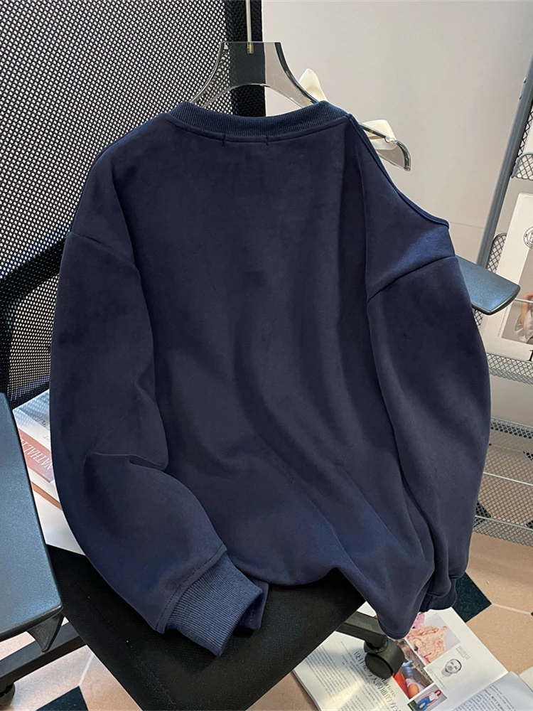 Felpe con cappuccio con spalle scoperte con fiocco in stile coreano donna primavera autunno blu Navy allentato dolce top cappotto Fashion Trend Y2k