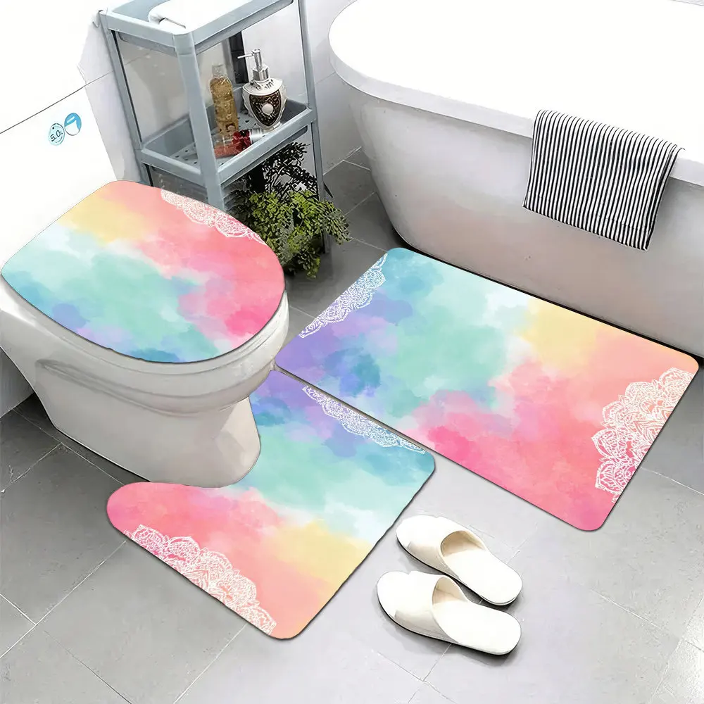 

Набор из 3-х супермягких нескользящих ковриков для ванной - пастельные радужные коврики с акварельным узором мандалы, с плюшевой фланелевой текстурой, розовый/фиолетовый/белый