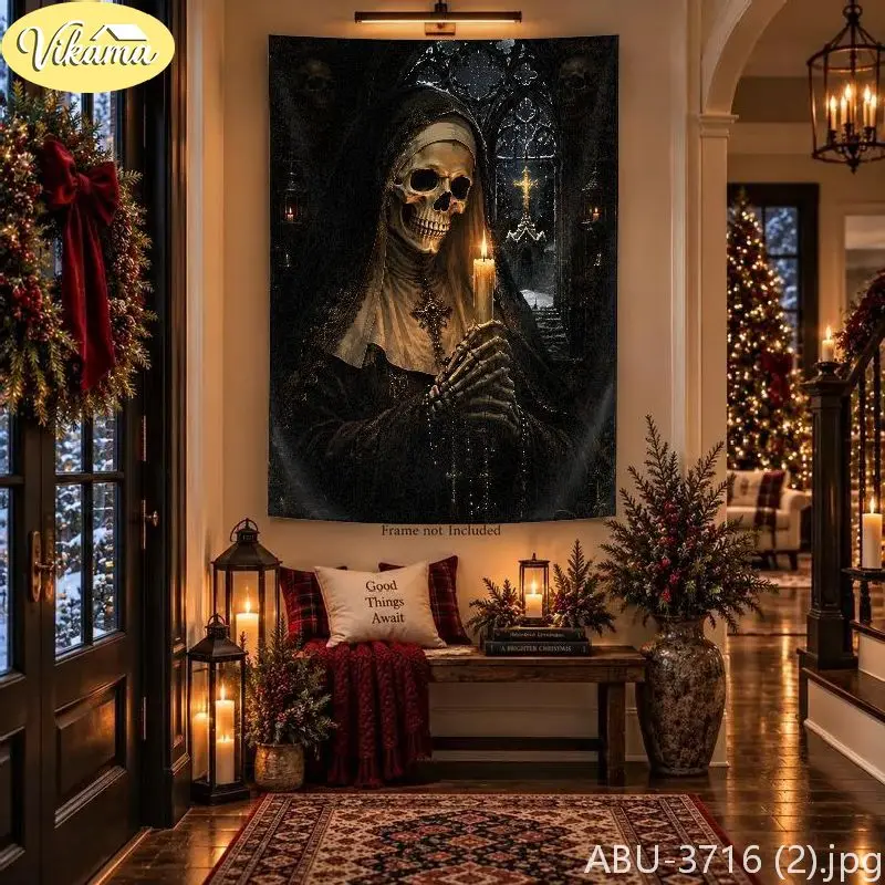 VIKAMA Gothic Nun Skeleton Tapestry, Dark Church Candlelight Cross Background Cloth, Living Room Party Wall Decor