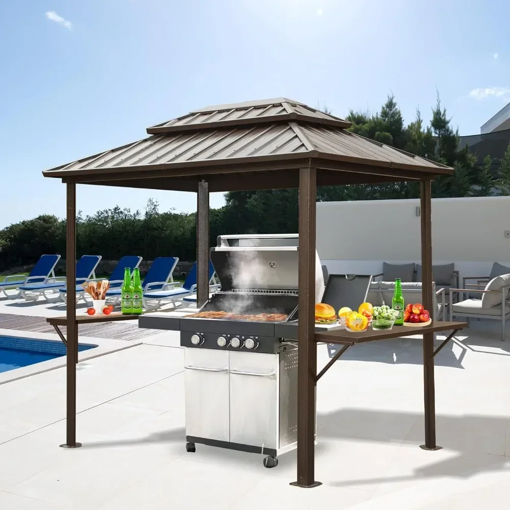 8'x6' Grill Gazebo Hardtop Aluminum BBQ Gazebo with Bar Shelves and Ceiling Hooks, Double Metal Roof Outdoor Gazebos for Patio