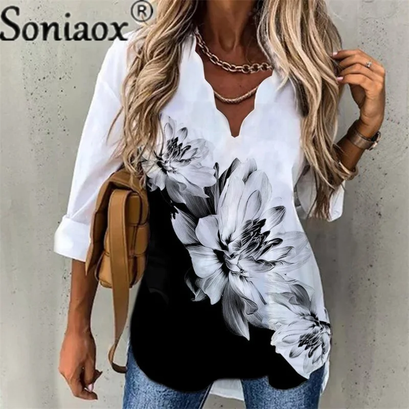 Blusa informal de manga larga con cuello en V para verano, camisa Sexy con estampado de flores para mujer, 2022
