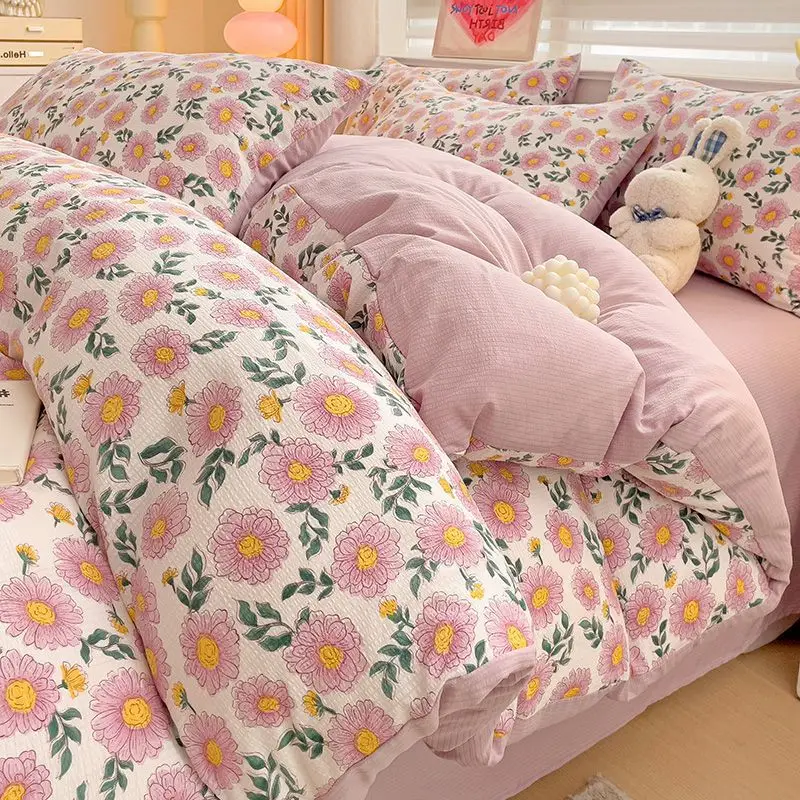 

Girls Floral Duvet Cover Pastoral Style Bedding Set Skin Friendly Comforter Cover Full Queen Size Bedroom Textile Textiles