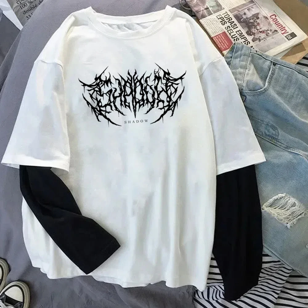 แฟชั่น Punk Dark สไตล์พิมพ์รอบคอเสื้อยืด Y2K กีฬา Harajuku บางผู้หญิงแขนยาว T เสื้อกลางแจ้งเสื้อหลวม