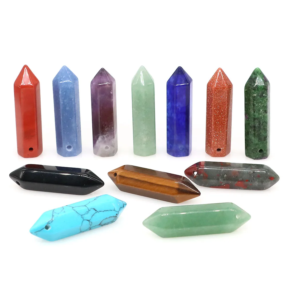 10x40mm Drilled Hole Point Wand Natural Stone Healing Crystal Reiki Gems Tower Craft Hexagonal Column DIY Pendant Jewelry Charms