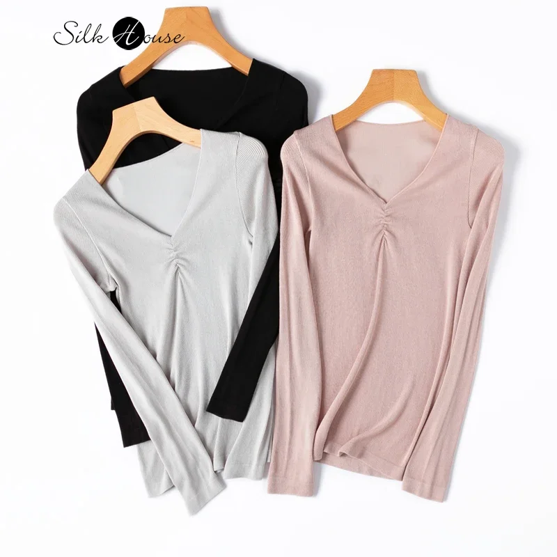 

2024 Women's Casual Autumn/Winter New Natural Mulberry Silk Blended Meiya Bi Long Sleeve V-neck High Elastic Bottoming Shirt