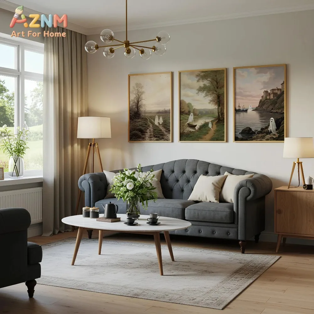 AZNM 3Pcs Vintage Ghost Landscape Canvas Wall Art, Retro Country River Town Ghost Print Frameless Canvas Painting, Soft Spooky