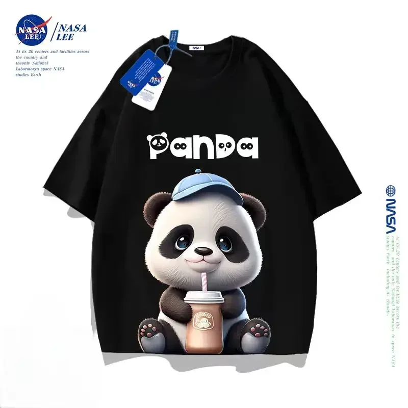 NASA Panda Short Sleeved T-shirt for Men Summer Pure Cotton 2024 New Trendy Brand Youth Round Neck Loose Top High End Quality