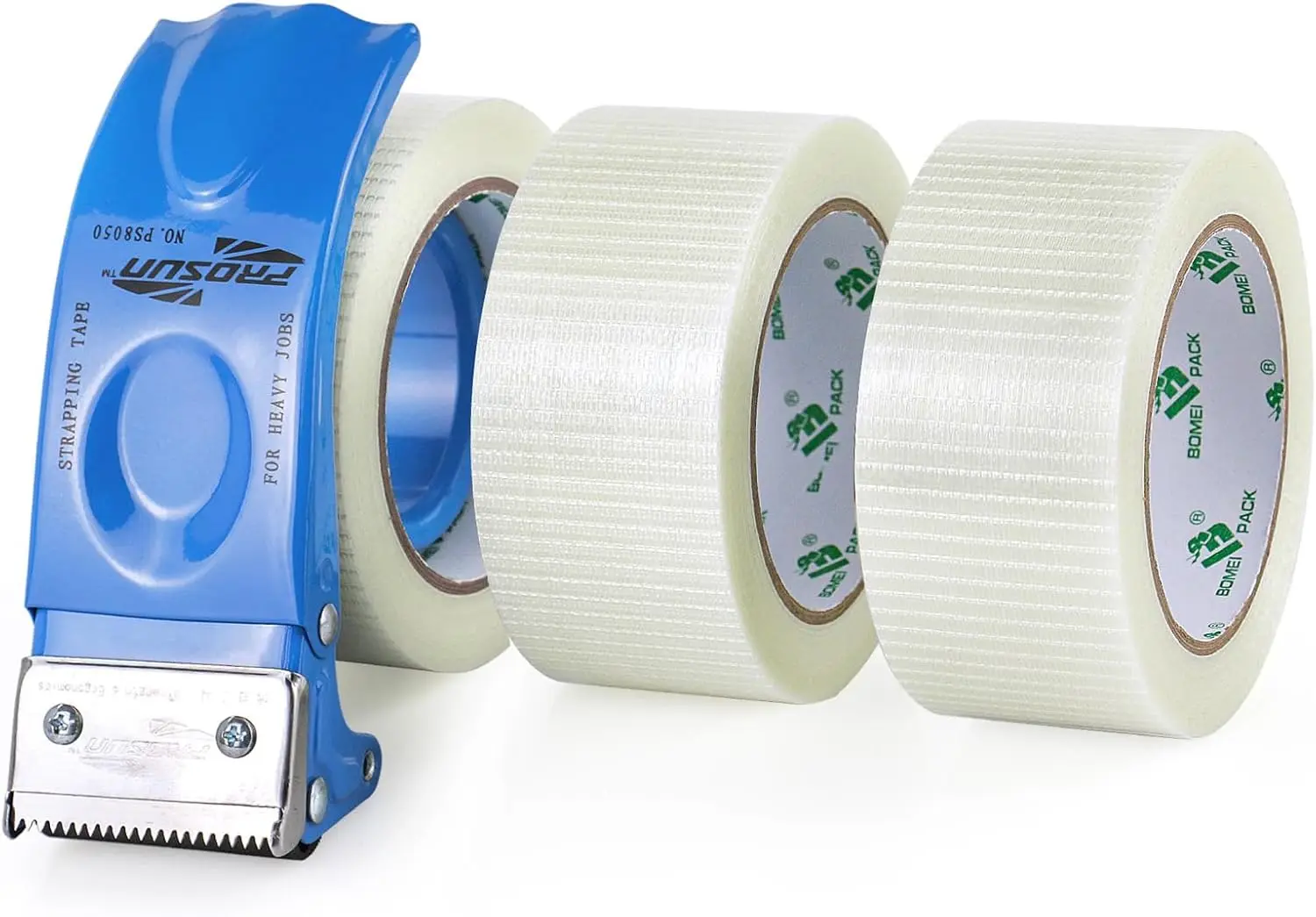

3Rolls Filament Strapping Tape 2Inch with Dispenser, Heavy Duty Fiberglass Reinforced Packing Tape for Shipping, Cross B