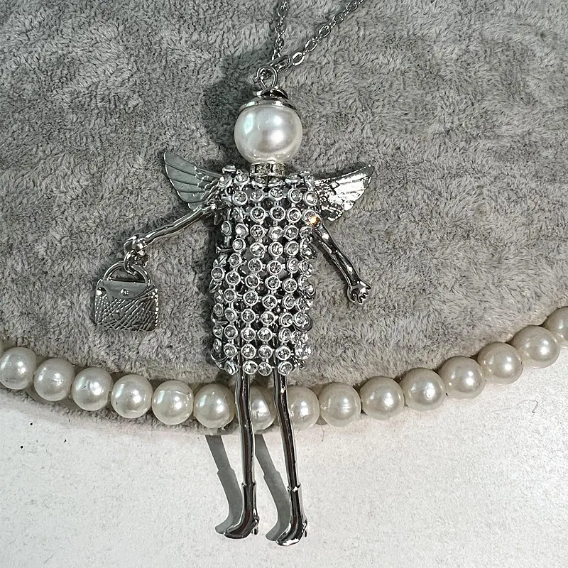 Lovely Rhinestone Dress Doll Pendant Necklace Long Chain Baby Girls Big Choker Necklaces For Women Maxi Jewelry Collier Femme