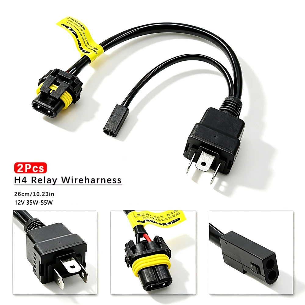 2pcs H4 LED Relay Harness Bi Xenon Cable Wire For Hi/Lo Bi-Xenon HID Bulbs Wiring Controller Play And Plug Bi-led Projector Lens
