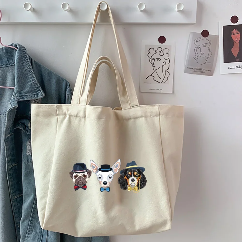 Women's Shopping Organizer Bags 2025 Canvas New Style Dog Printed Shoulder Bags Foldable Reusable Casual Handbag Tote Bags