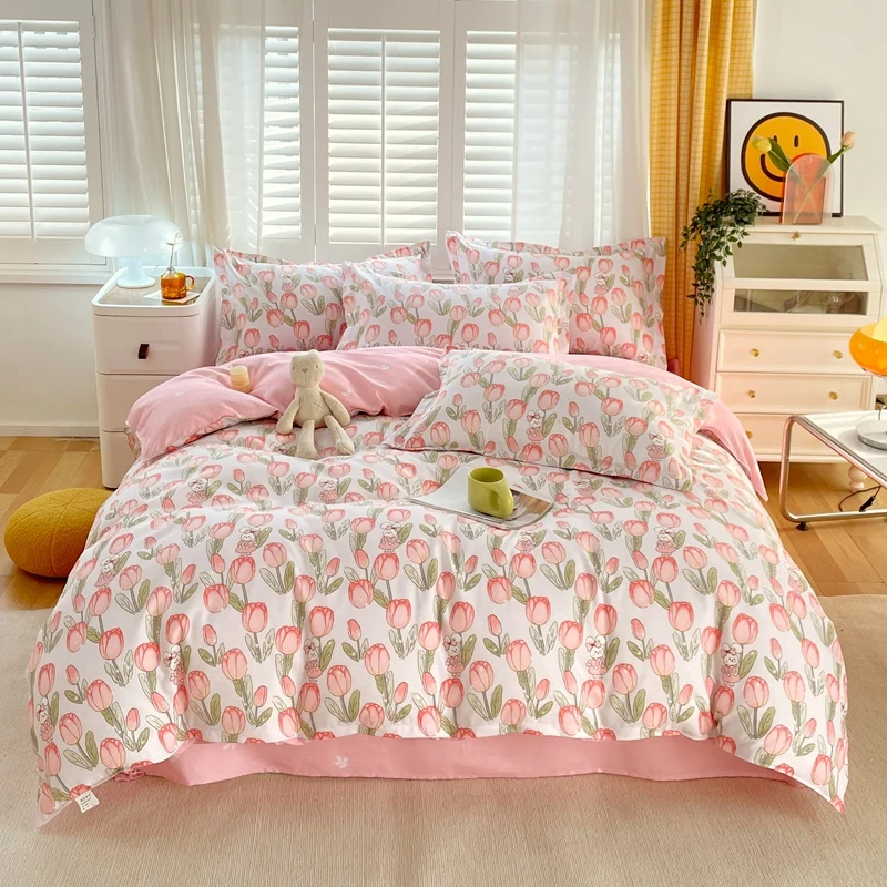 Pink Tulips Floral Duvet Cover Botanical Bedding Sets for Girls Women Soft Breathable Garden Style Flower 3 Pcs Comforter Covers