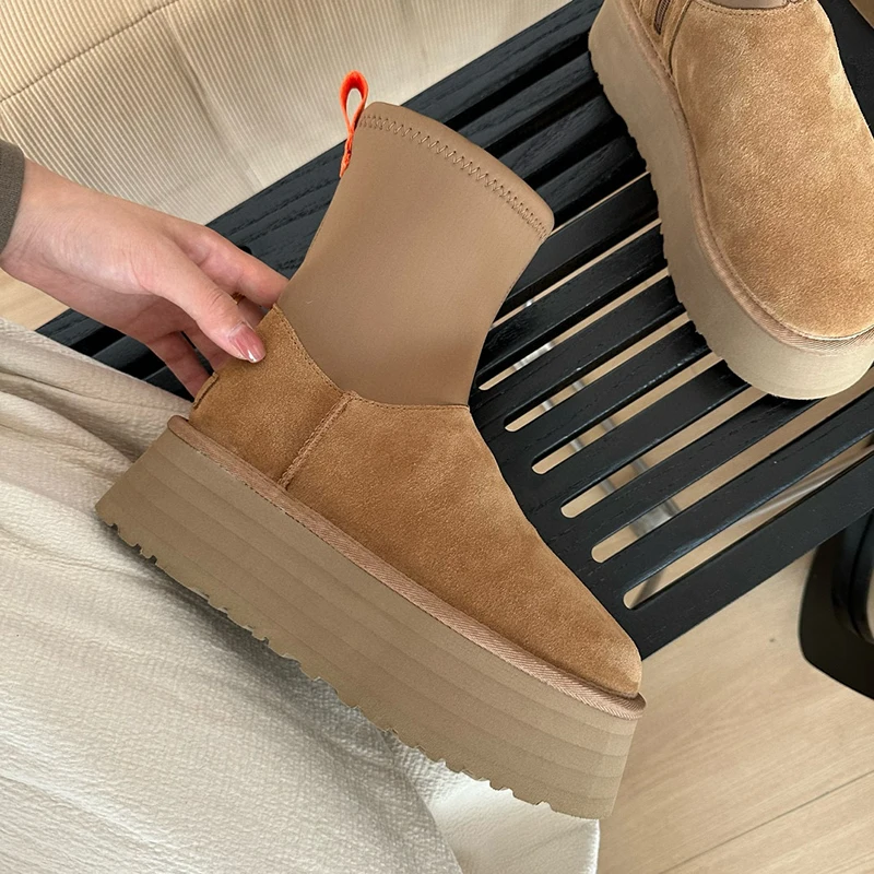 

2025 Winter New Dipu Elastic Boots Women's Fur Integrated Warm High Heels Thick Bottom Women's Genuine Leather Snow Boots
