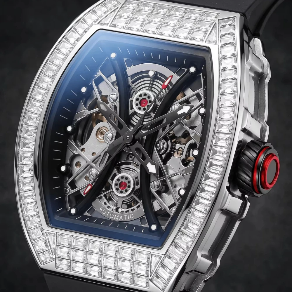 ONOLA 3838F Fashionable Diamond Studded Wine Barrel Shaped Dial Hollowed Out Automatic Mechanical Design Men Machinery Watch
