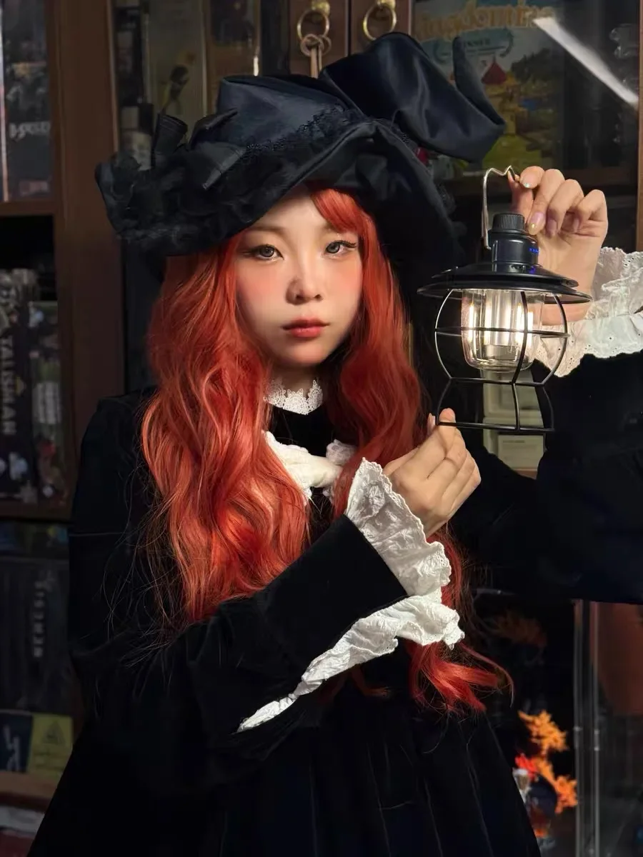 Nieuwe Gothic Handgemaakte Harajuku Magische Hoed Vrouwen Tovenaar Strik Fluwelen Kant Cosplay Kostuum Lolita Halloween Donkere Heksenhoed