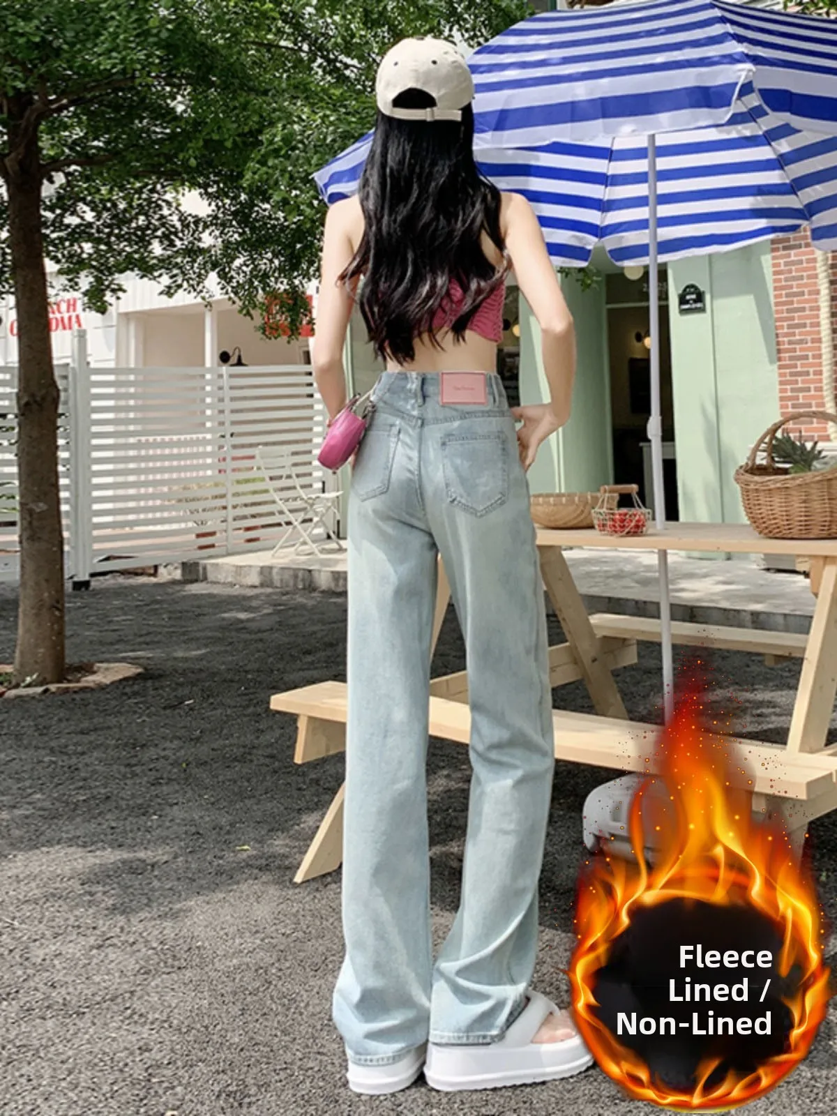 

Женские прямые джинсы с высокой талией на подкладке, осень-зима, новые утягивающие свободные широкие брюки длиной до пола