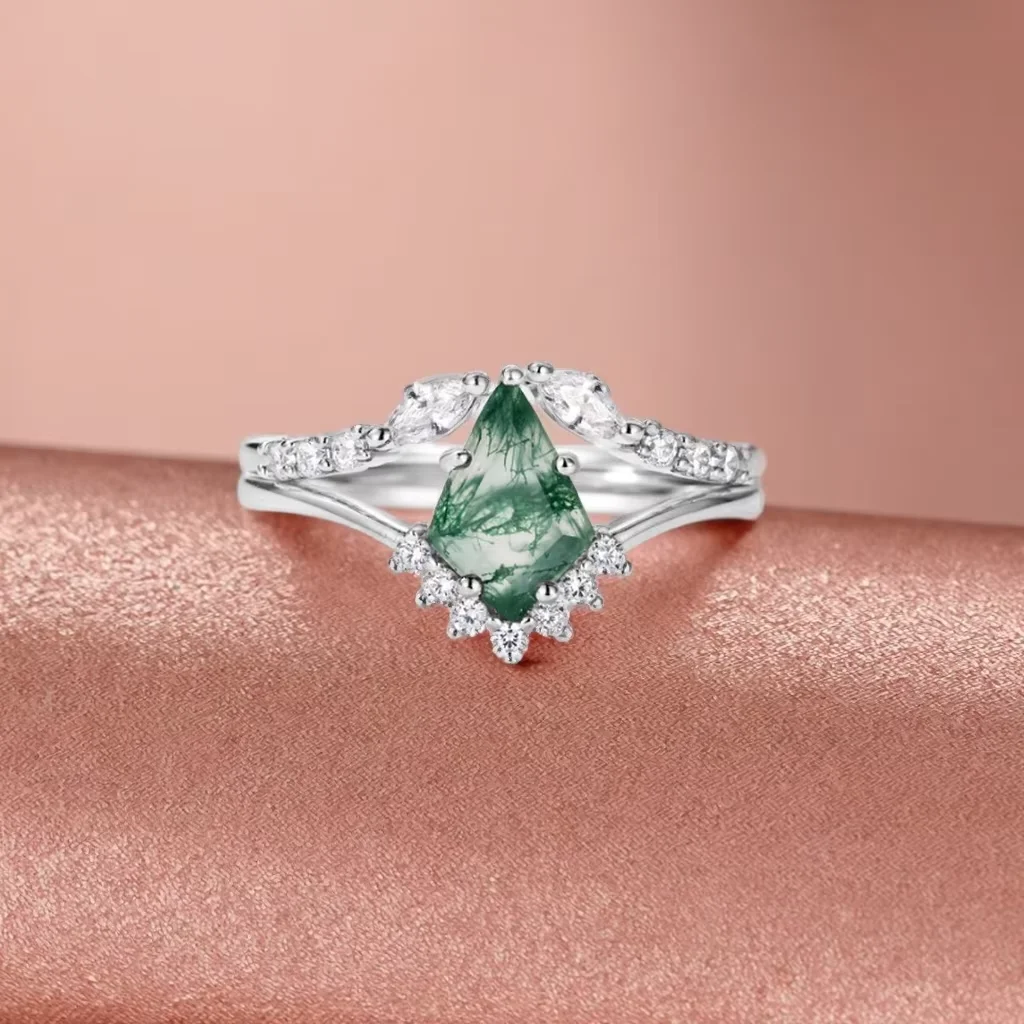 

Women's Kite Cut Moss Agate Ring Sterling Silver White Gold Plating Stackable Rings for Engagement Anniversary
